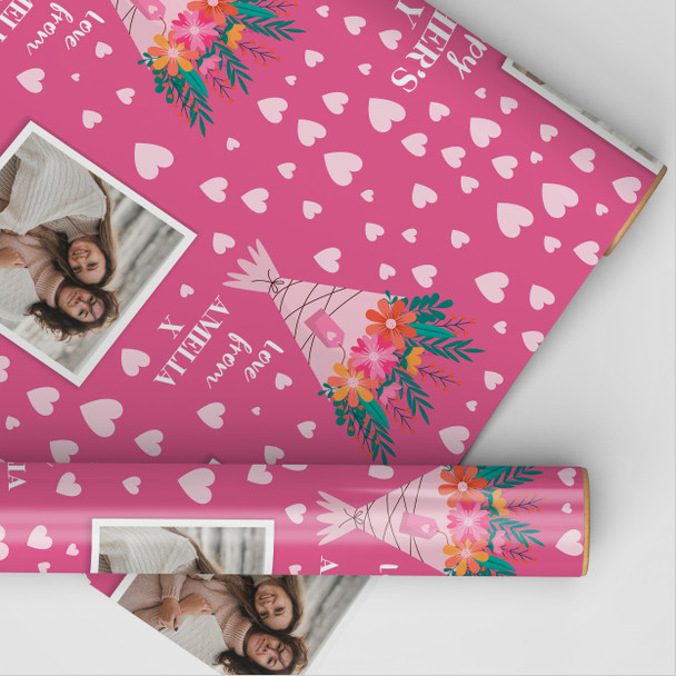Personalised Wrapping Paper Mother's Day Photo Pink Heart Flowers Gift Wrap