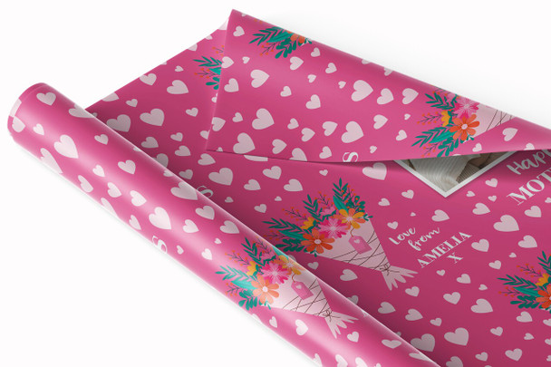 Personalised Wrapping Paper Mother's Day Photo Pink Heart Flowers Gift Wrap