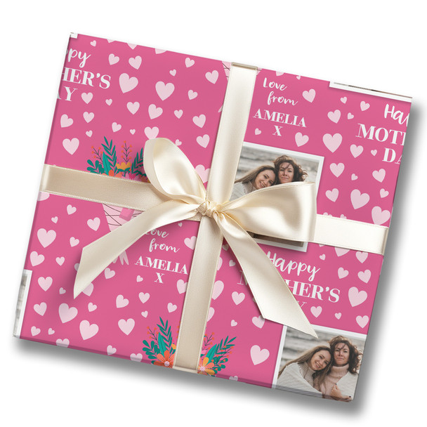 Personalised Wrapping Paper Mother's Day Photo Pink Heart Flowers Gift Wrap
