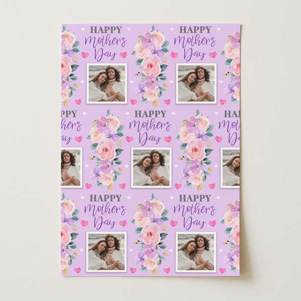 Personalised Wrapping Paper Mother's Day Photo Purple Flowers Heart Gift Wrap