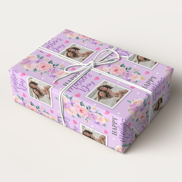 Personalised Wrapping Paper Mother's Day Photo Purple Flowers Heart Gift Wrap