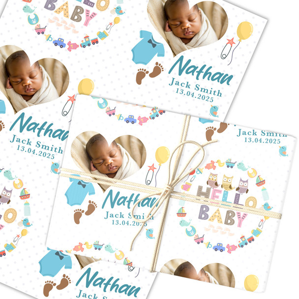 Personalised Wrapping Paper New Baby Boy Blue Hello Photo Custom Gift Wrap