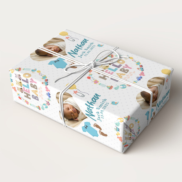 Personalised Wrapping Paper New Baby Boy Blue Hello Photo Custom Gift Wrap