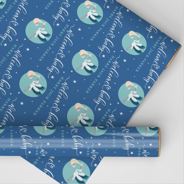 Personalised Wrapping Paper New Baby Boy Blue Stork Custom Gift Wrap
