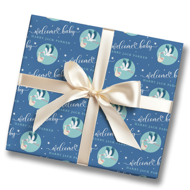 Personalised Wrapping Paper New Baby Boy Blue Stork Custom Gift Wrap