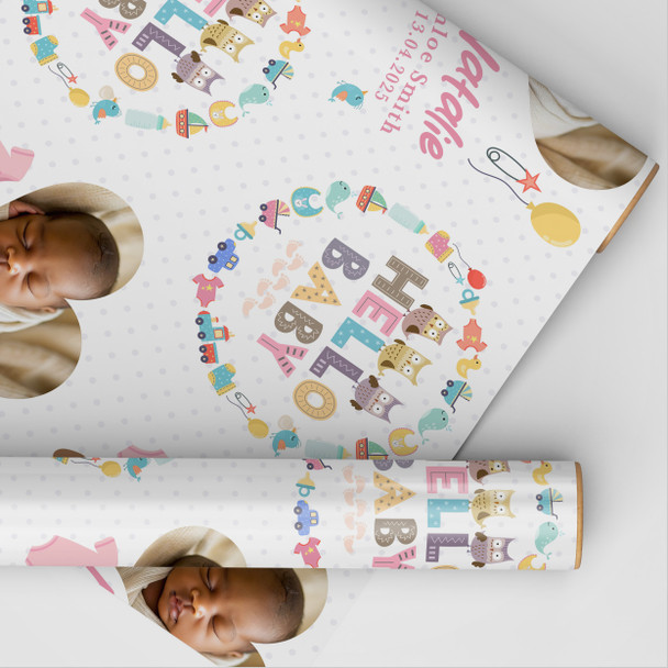Personalised Wrapping Paper New Baby Girl Pink Hello Heart Photo Gift Wrap