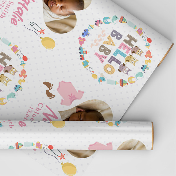 Personalised Wrapping Paper New Baby Girl Pink Hello Photo Custom Gift Wrap