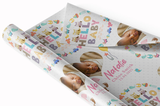 Personalised Wrapping Paper New Baby Girl Pink Hello Photo Custom Gift Wrap