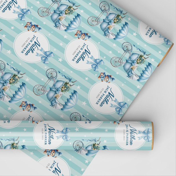 Personalised Wrapping Paper New Baby Blue Baby Boy Pram Custom Gift Wrap