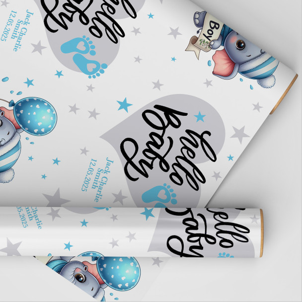 Personalised Wrapping Paper New Baby Blue Elephant Hello Baby Boy Gift Wrap