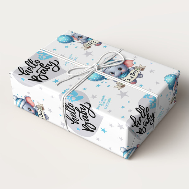 Personalised Wrapping Paper New Baby Blue Elephant Hello Baby Boy Gift Wrap