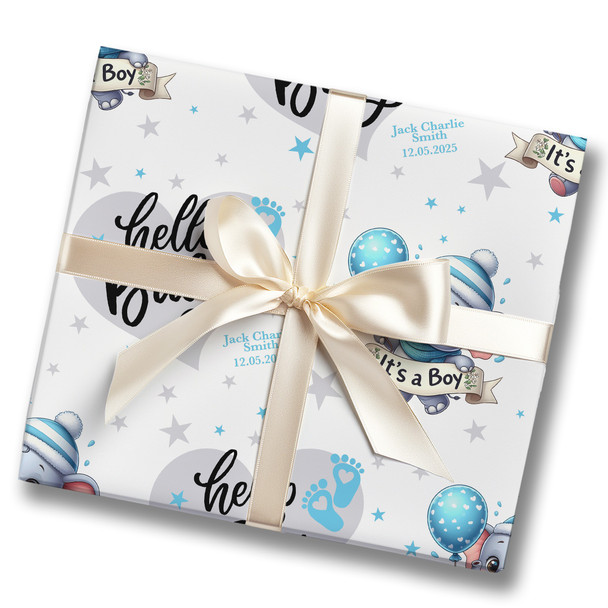 Personalised Wrapping Paper New Baby Blue Elephant Hello Baby Boy Gift Wrap