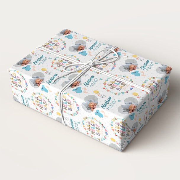 Personalised Wrapping Paper New Baby Blue Baby Boy Heart Photo Feet Gift Wrap