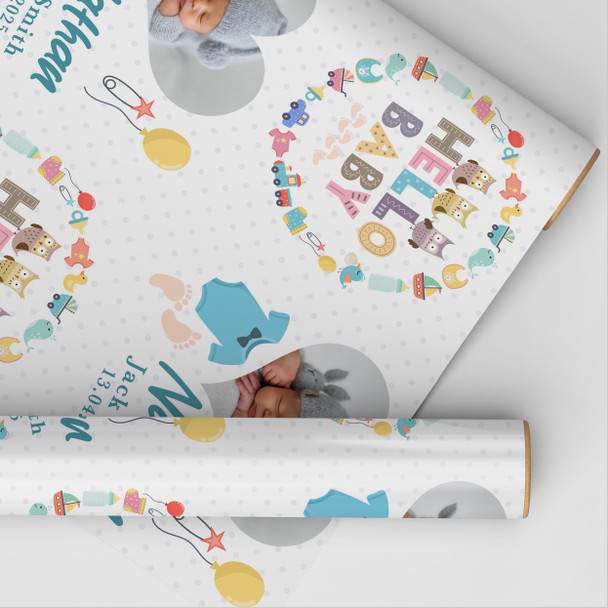 Personalised Wrapping Paper New Baby Blue Hello Heart Photo Baby Boy Gift Wrap