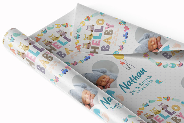 Personalised Wrapping Paper New Baby Blue Hello Heart Photo Baby Boy Gift Wrap