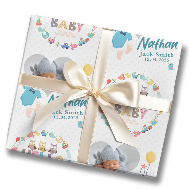 Personalised Wrapping Paper New Baby Blue Hello Heart Photo Baby Boy Gift Wrap