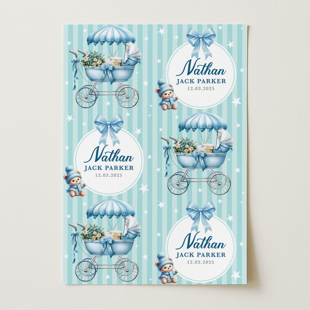 Personalised Wrapping Paper New Baby Blue Retro Baby Boy Pram Custom Gift Wrap