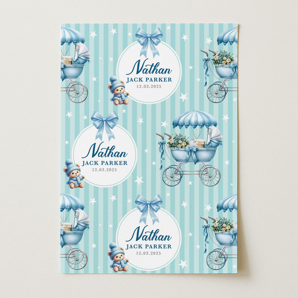 Personalised Wrapping Paper New Baby Blue Retro Baby Boy Custom Gift Wrap