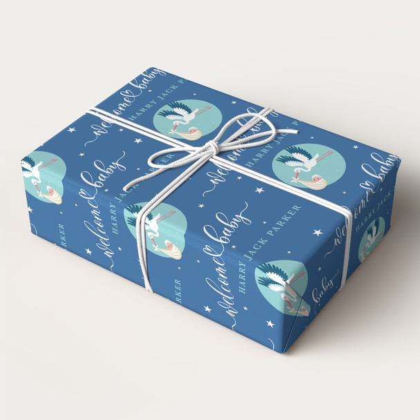 Personalised Wrapping Paper New Baby Blue Stork Baby Boy Custom Gift Wrap