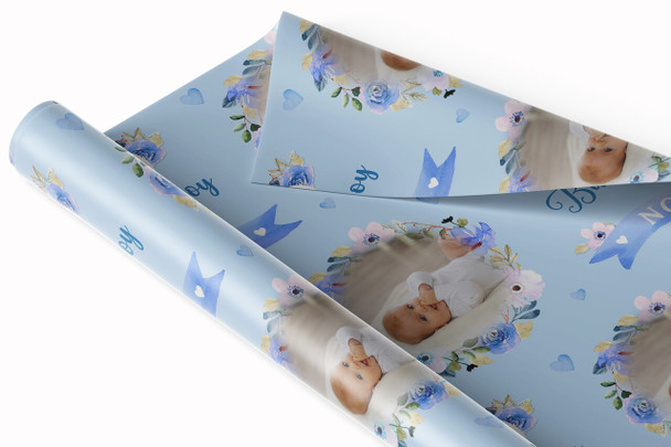 Personalised Wrapping Paper New Baby Boy Photo Blue Flowers Banner Gift Wrap