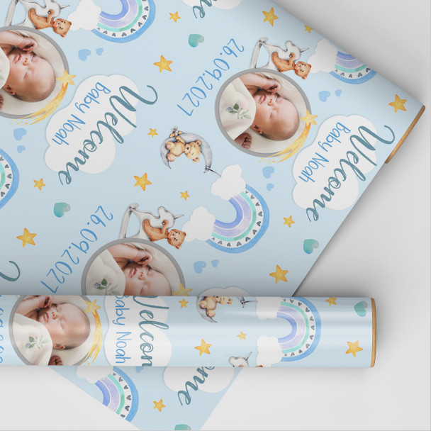 Personalised Wrapping Paper New Baby Boy Photo Blue Welcome Teddy Bear Gift Wrap