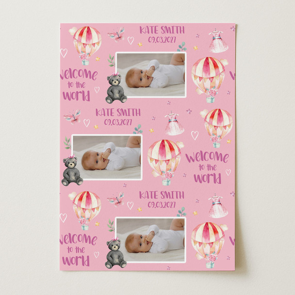 Personalised Wrapping Paper New Baby Girl Photo Hot Air Balloon Custom Gift Wrap