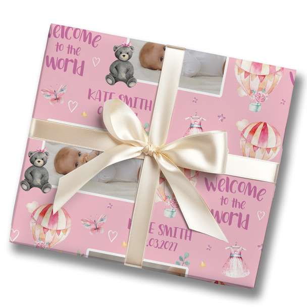 Personalised Wrapping Paper New Baby Girl Photo Hot Air Balloon Custom Gift Wrap