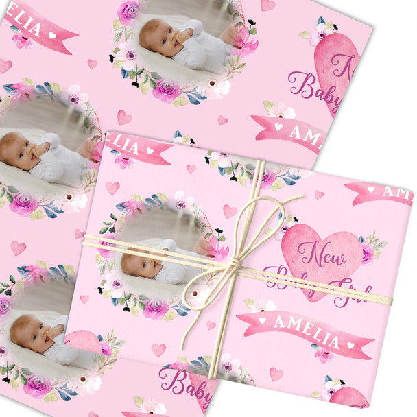 Personalised Wrapping Paper New Baby Girl Photo Pink Flowers Banner Gift Wrap