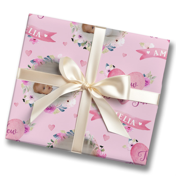 Personalised Wrapping Paper New Baby Girl Photo Pink Flowers Banner Gift Wrap