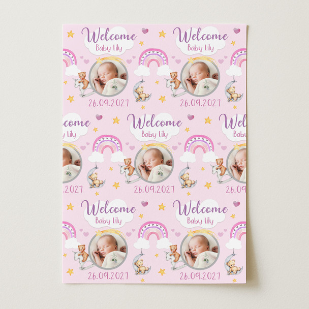 Personalised Wrapping Paper New Baby Girl Photo Pink Welcome Teddy Gift Wrap
