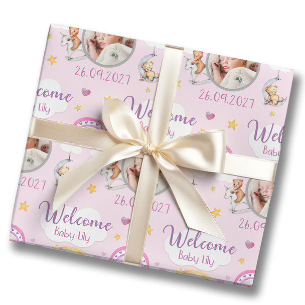 Personalised Wrapping Paper New Baby Girl Photo Pink Welcome Teddy Gift Wrap