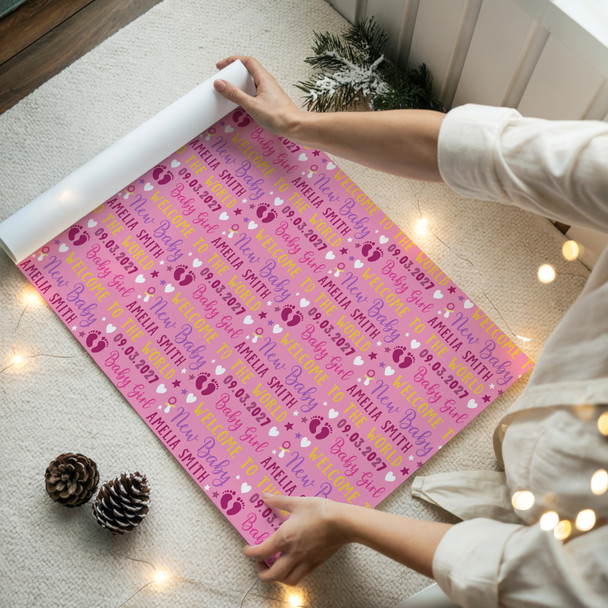 Personalised Wrapping Paper New Baby Girl Pink Footprints Custom Gift Wrap