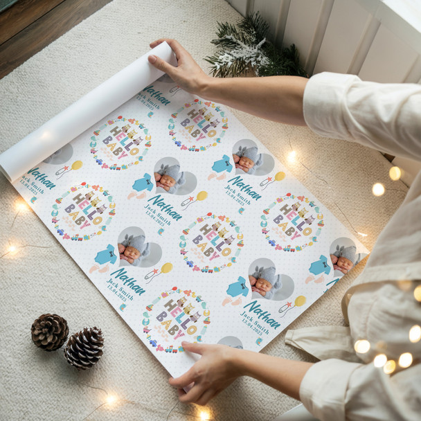 Personalised Wrapping Paper New Baby Hello Baby Boy Heart Photo Custom Gift Wrap