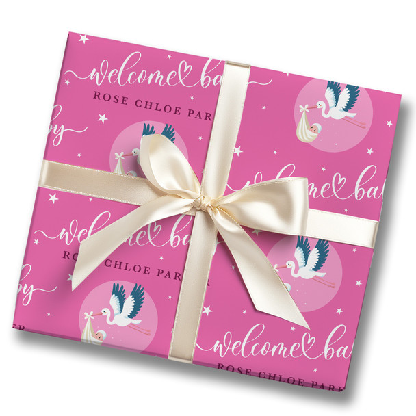 Personalised Wrapping Paper New Baby Pink Baby Girl Stork Custom Gift Wrap