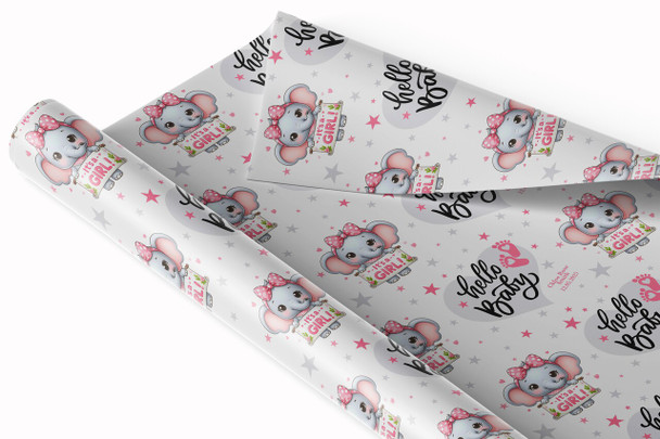 Personalised Wrapping Paper New Baby Pink Elephant Baby Girl Hello Gift Wrap