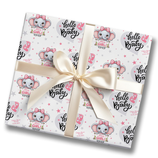 Personalised Wrapping Paper New Baby Pink Elephant Baby Girl Hello Gift Wrap