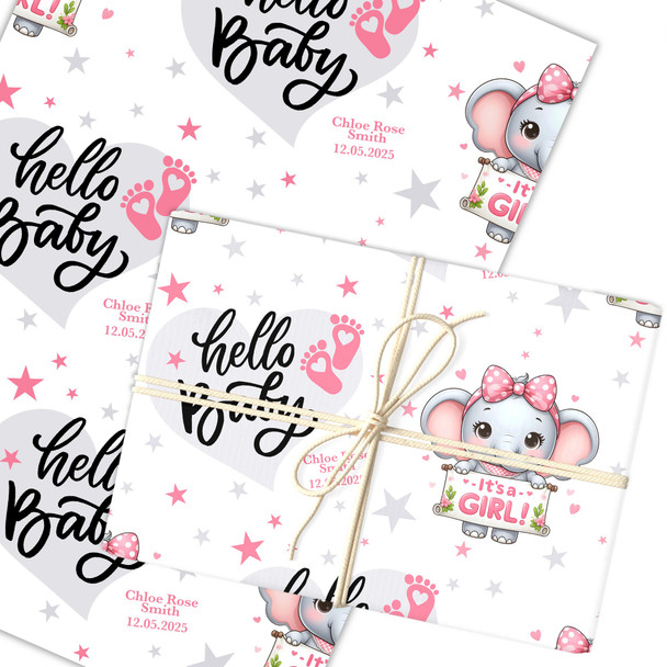 Personalised Wrapping Paper New Baby Pink Elephant Hello Baby Girl Gift Wrap