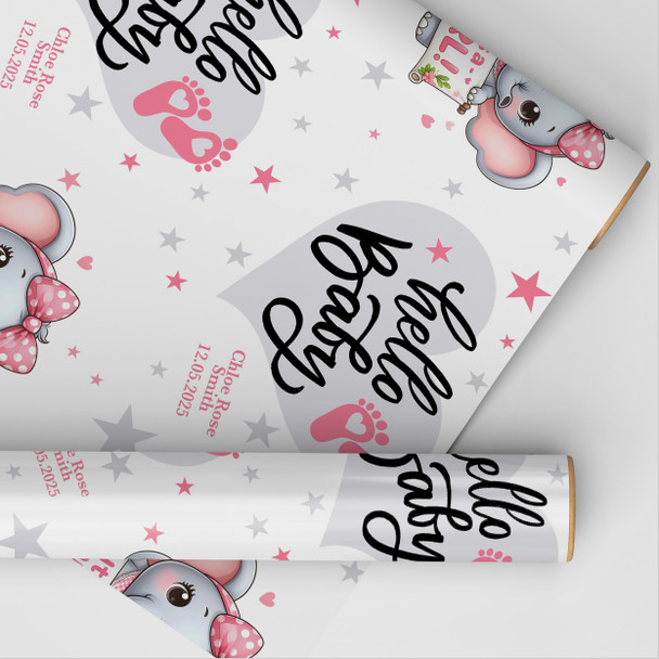 Personalised Wrapping Paper New Baby Pink Elephant Hello Baby Girl Gift Wrap