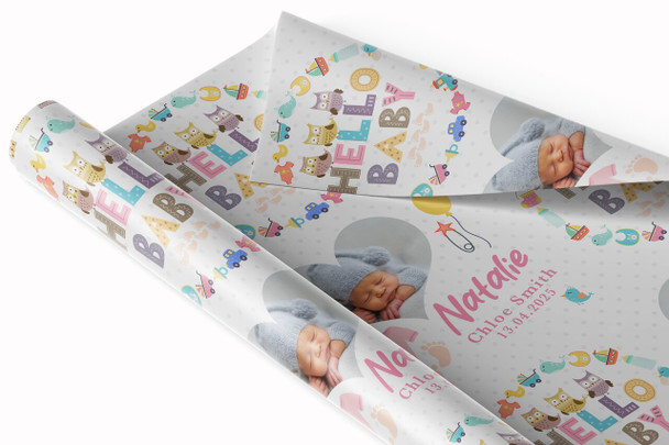 Personalised Wrapping Paper New Baby Pink Hello Baby Girl Heart Photo Feet