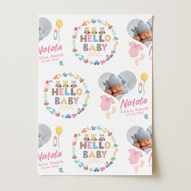 Personalised Wrapping Paper New Baby Pink Hello Baby Girl Heart Photo Gift Wrap