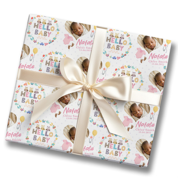 Personalised Wrapping Paper New Baby Pink Hello Baby Girl Photo Custom Gift Wrap
