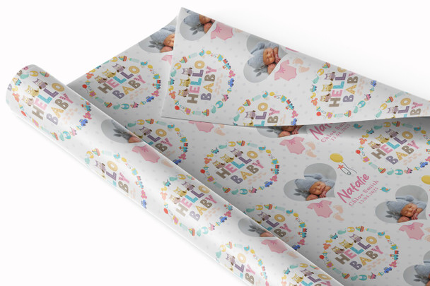 Personalised Wrapping Paper New Baby Pink Hello Heart Photo Baby Girl Gift Wrap