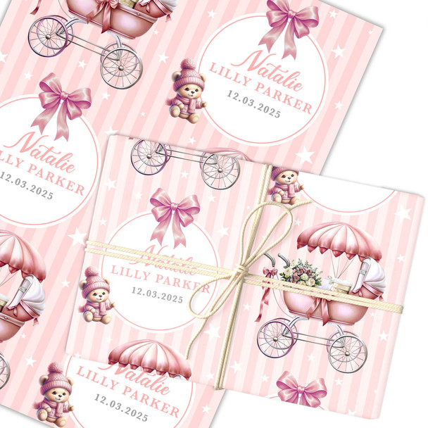 Personalised Wrapping Paper New Baby Pink Retro Baby Gilr Pram Custom Gift Wrap