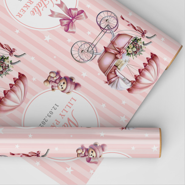 Personalised Wrapping Paper New Baby Pink Retro Baby Gilr Pram Custom Gift Wrap