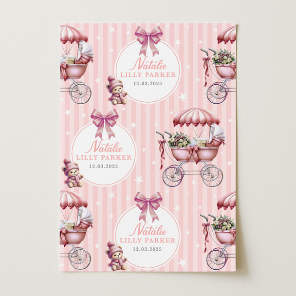Personalised Wrapping Paper New Baby Pink Retro Baby Girl Custom Gift Wrap