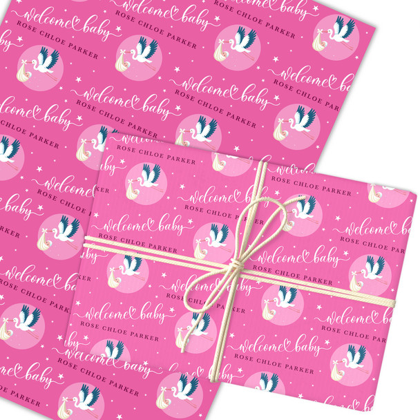 Personalised Wrapping Paper New Baby Pink Stork Baby Girl Custom Gift Wrap