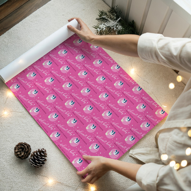 Personalised Wrapping Paper New Baby Pink Stork Baby Girl Custom Gift Wrap