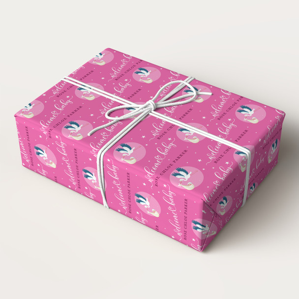 Personalised Wrapping Paper New Baby Pink Stork Baby Girl Custom Gift Wrap