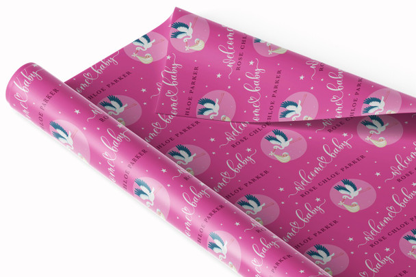 Personalised Wrapping Paper New Baby Pink Stork Baby Girl Custom Gift Wrap