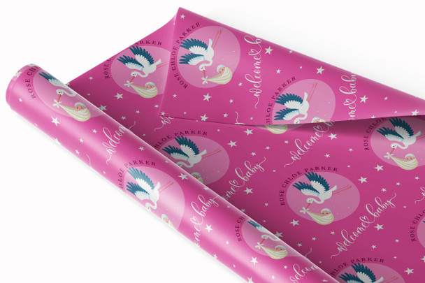 Personalised Wrapping Paper New Baby Stork Pink Baby Girl Custom Gift Wrap